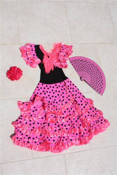Spaanse flamencojurk met waaier en haarbloem Rz/z