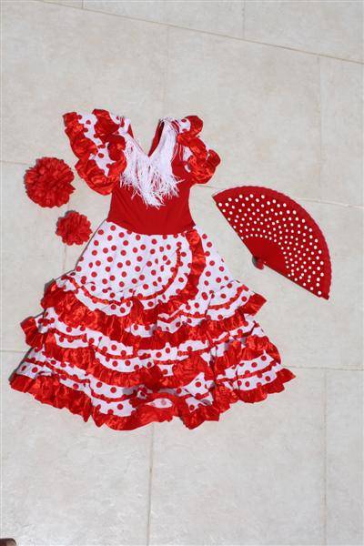 Kinderjurk flamenco met waaier en haarbloem Rd/w